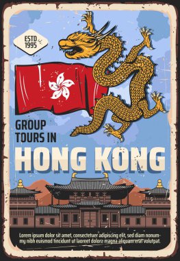 Hong Kong bayrağı, ejderha ve pagoda. Çin seyahati