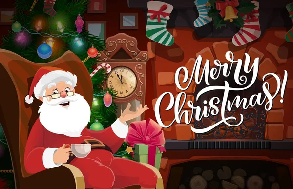 Santa con árbol de Navidad, regalos y chimenea — Vector de stock