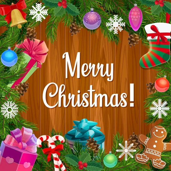 Cadre de Noël arbre de Noël, cadeaux, cloche sur bois — Image vectorielle