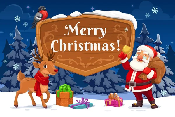 Weihnachtsmann und Weihnachtsrentier mit Weihnachtsgeschenken, Glocke — Stockvektor