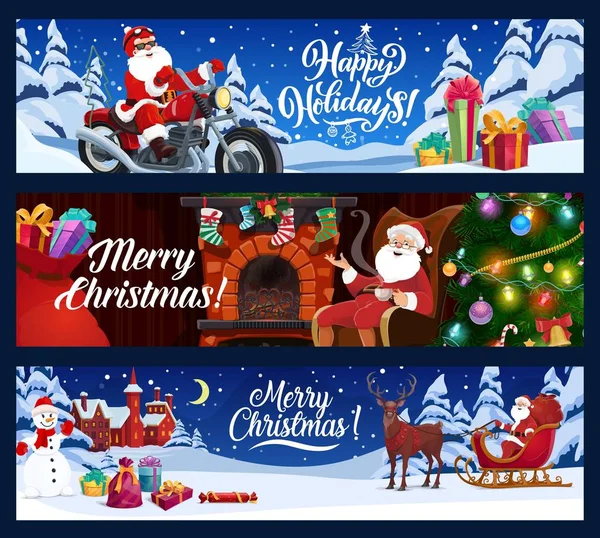 Weihnachtsbanner. Weihnachtsmann mit Geschenken auf Motorrad — Stockvektor