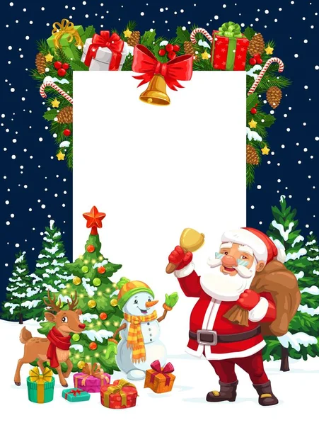 Kerstvakantie, Kerstman, hert, sneeuwpop en geschenken — Stockvector