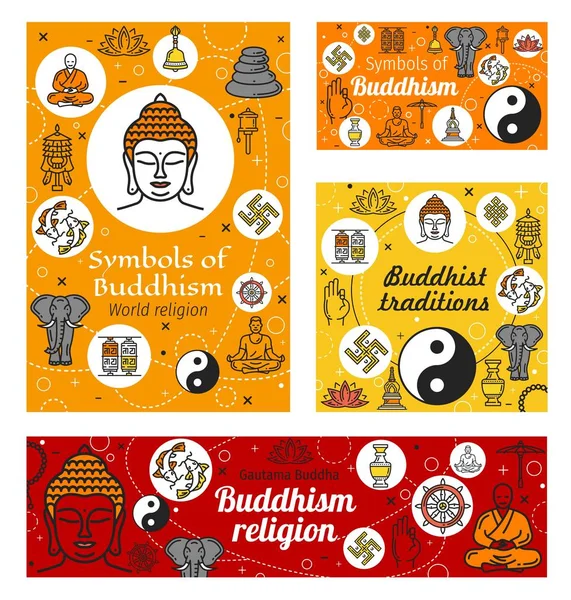 Religión budista, símbolos religiosos budistas — Vector de stock