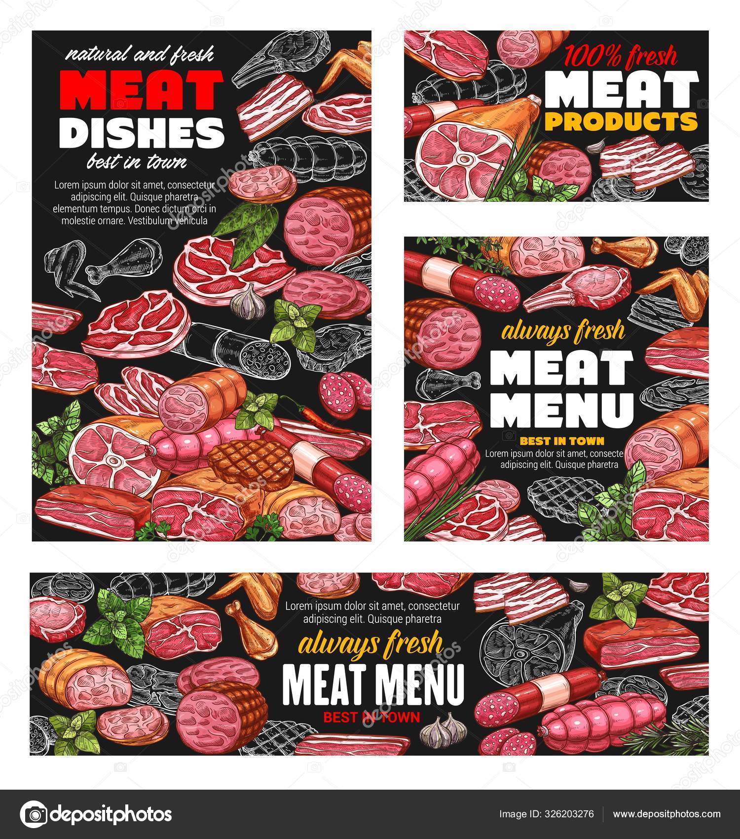 Kasap eti ürünleri, kasap sosisi menüsü. — Stok Vektör © Seamartini