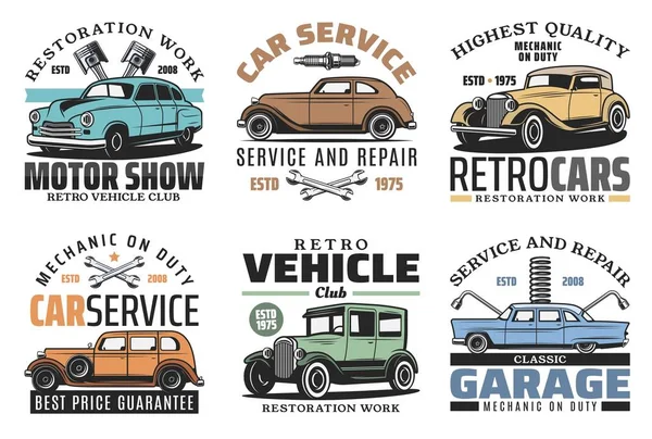Retro veículos de auto-serviço, reparação automóvel vintage — Vetor de Stock