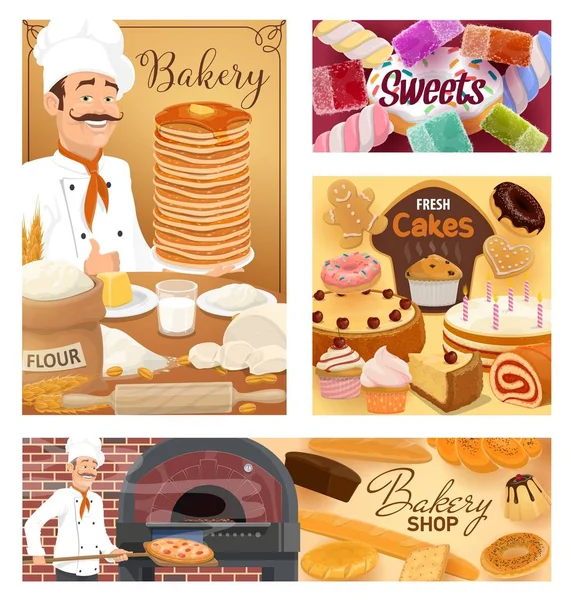 Хлібобулочні вироби, кондитерські цукерки та десерти пекарні — стоковий вектор
