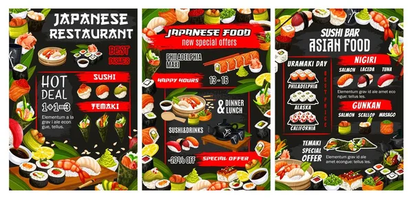 Restaurante sushi japonês, menu buffet de comida asiática — Vetor de Stock