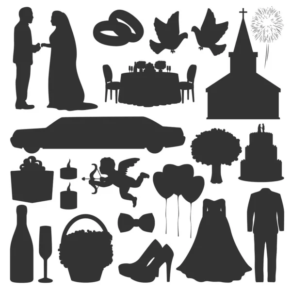 Bruiloft, liefde, huwelijk ceremonie silhouet pictogrammen — Stockvector