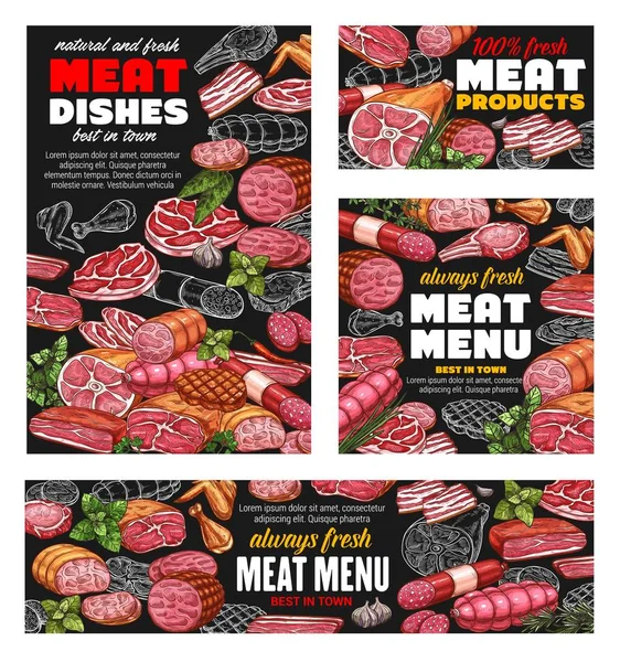 Produkty mięsne rzeźnicze, menu z kiełbasami rzeźniczymi — Wektor stockowy
