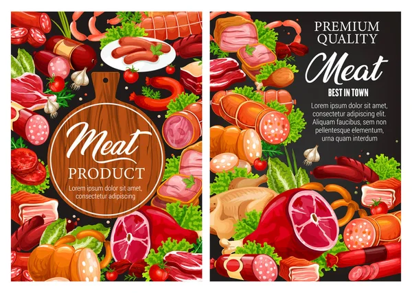 Carnicería de carne y embutidos, boceto de comida de carnicería — Vector de stock