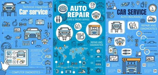 Reparación de automóviles, servicio de mantenimiento mecánico de automóviles — Archivo Imágenes Vectoriales