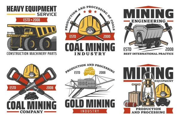 Produzione mineraria di carbone, attrezzature per minatori — Vettoriale Stock