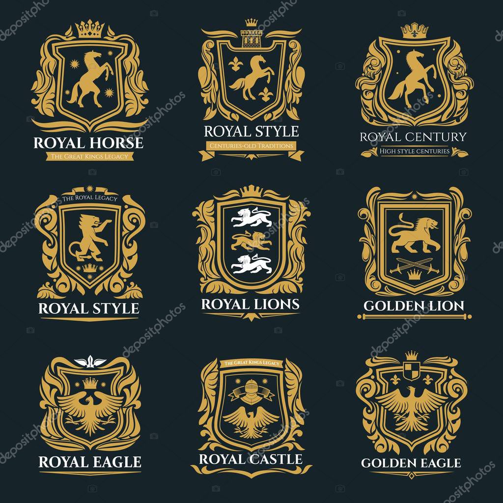 Heraldic animals, royal heraldry emblems, Pegasus horse, Griffin lion and Medieval eagle icons. Vector imperial heraldic shields and coat of arms, gryphon and griffon with golden royal crown