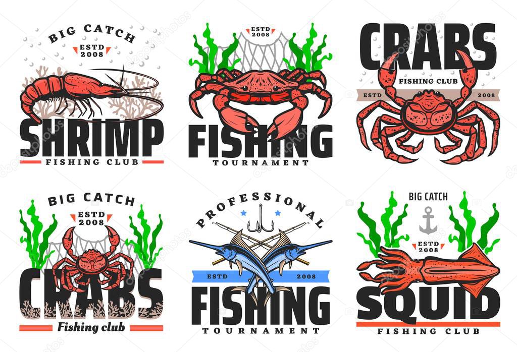 Fishing club, seafood and big fish catch tournament icons. Vector fisher equipment tackles, rods and lures for sea crab, ocean lobster and squid, marlin fish, shrimp and prawn in ship net