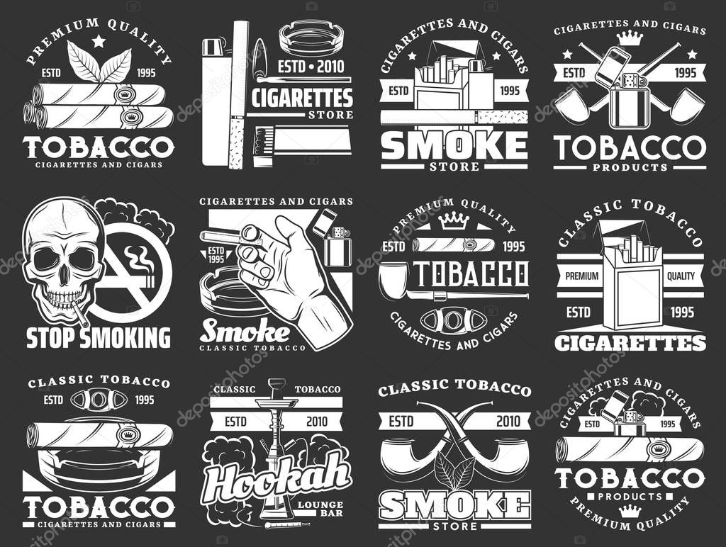 Cigars, cigarettes and premium quality tobacco products icons. Vector tobacco smoking shop, hookah and shisha bar, cigar cutters, lighters and matches box stop smoking sign and tobacco leaf