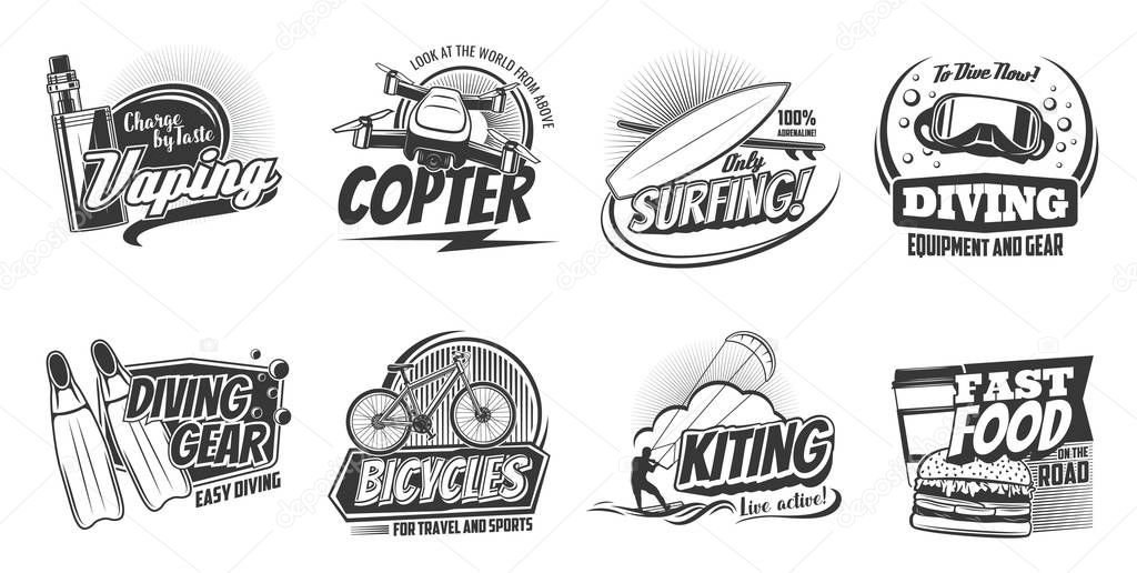 Sports activity and hobby leisure entertainment icons. Vector scuba diving school and equipment shop, vaping e-cigarette and ocean surfing, sea kiting and street fast food cafe sign