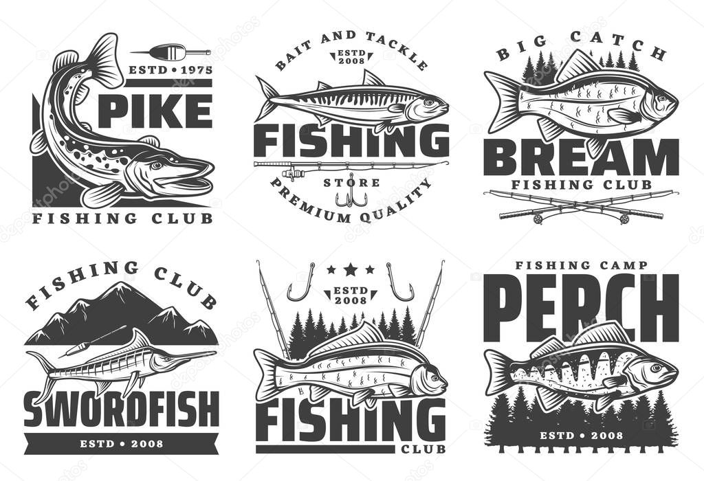 Fishing club badges, fisherman summer camp and big fish catch tours. Vector fishing tournament badges, fisher equipment tackles, rods and lures for river pike and bream, ocean swordfish and lake perch
