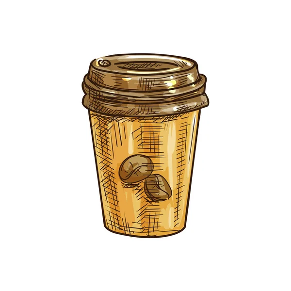 Coupe jetable avec grains de café croquis isolé — Image vectorielle