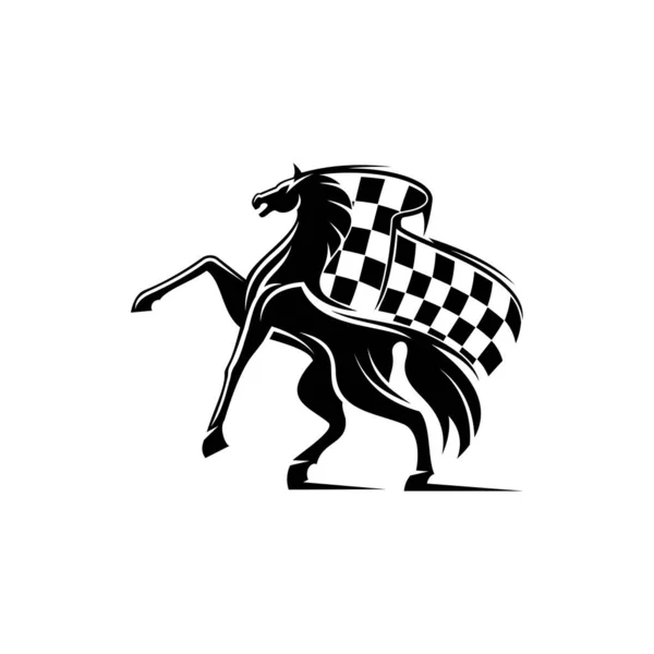 Sport de course, drapeau à carreaux et mustang de cheval — Image vectorielle