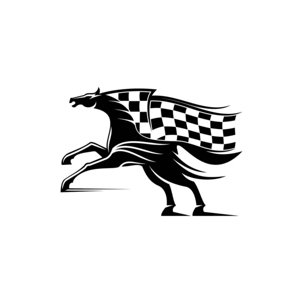 Deportes de carreras, bandera a cuadros y mustang caballo — Vector de stock