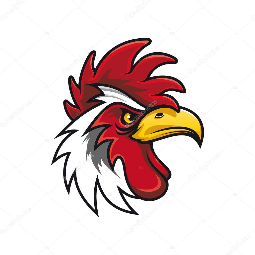 White cock head isolated mascot bird. Vector rooster, chicken mascot, fighting gamecock