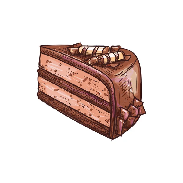 Pedazo de pastel de chocolate en capas alimentos de panadería aislados — Vector de stock