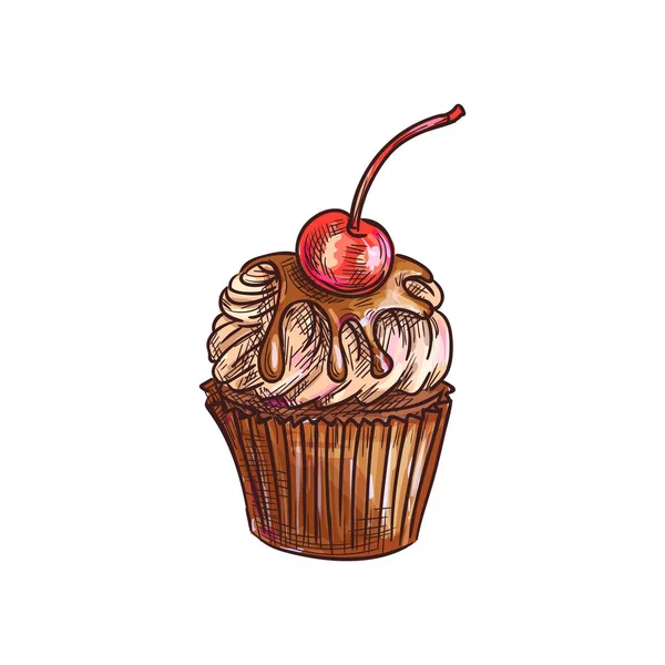 Pastel rematado por fruta de cereza boceto muffin aislado — Archivo Imágenes Vectoriales