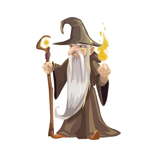 Oude tovenaar met scepter en vlam icoon — Stockvector