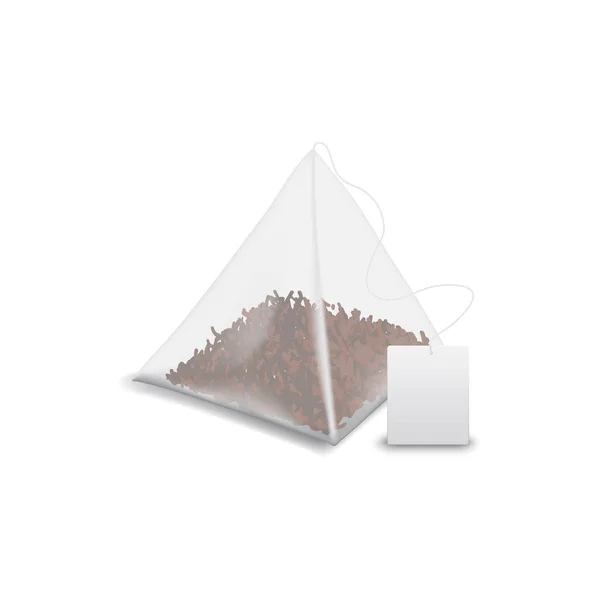 Pyramid tea bag with black tea, blank tag isolated — 스톡 벡터