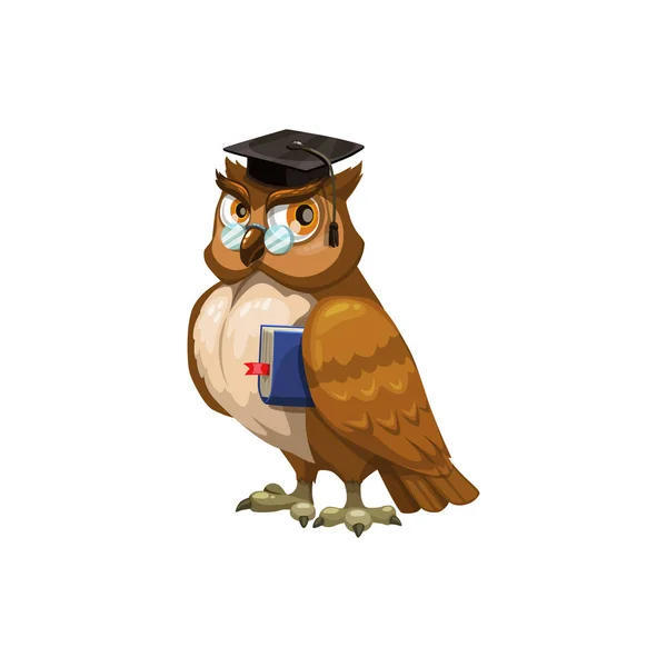 Pájaro en gafas y gorra de graduación búho aislado — Vector de stock