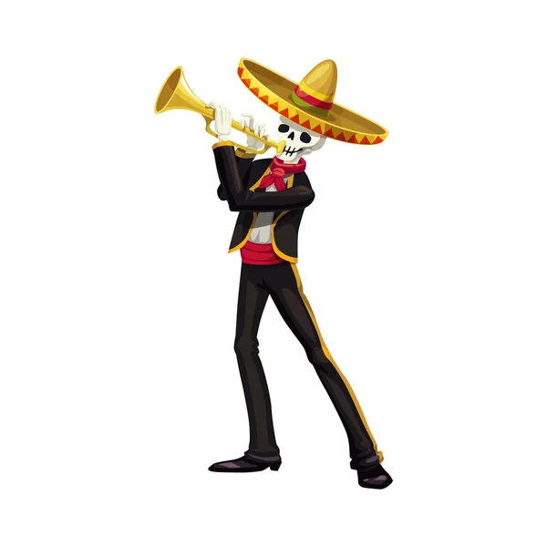 Mexicaanse dode muzikant spelen op trompet in sombrero — Stockvector