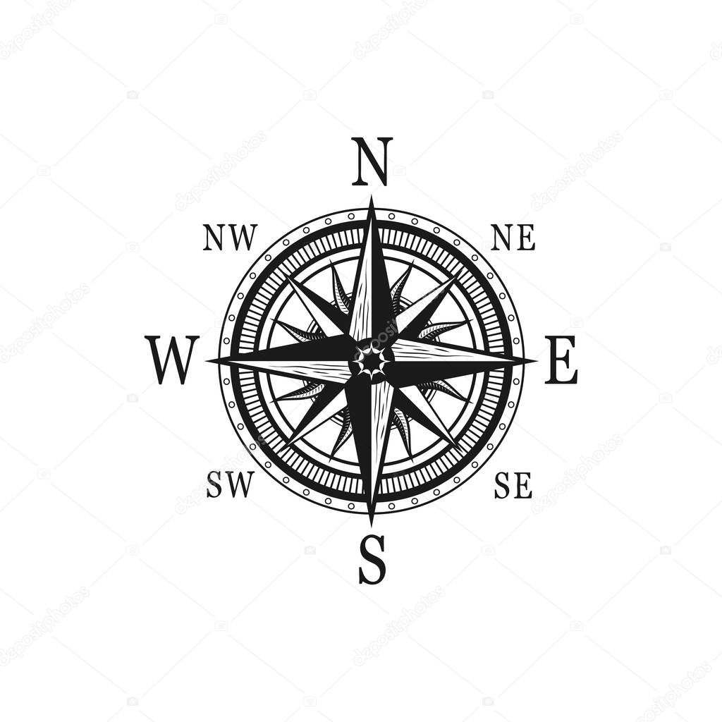 Navigation marine compass or Wind Rose vector icon. Isolated symbols of nautical retro navigator compass with winds names of East, West, North and South arrows for ship travel design