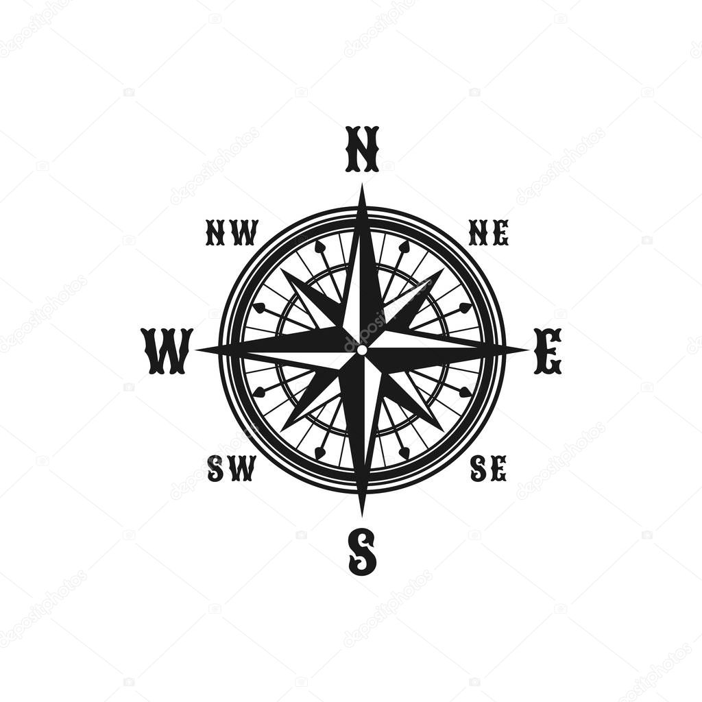 Navigation marine compass or Wind Rose vector icon. Isolated symbols of nautical retro navigator compass with winds names of East, West, North and South arrows for ship travel design