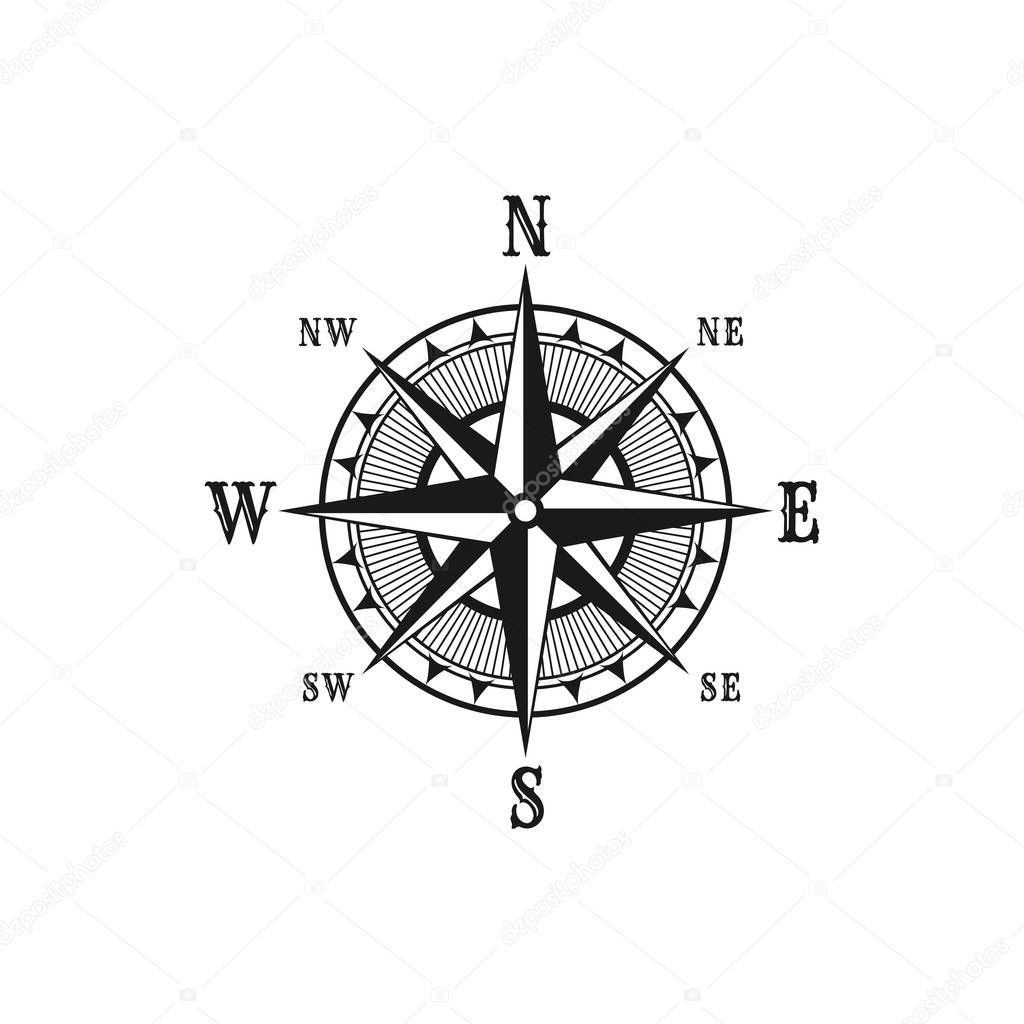 Navigation marine compass or Wind Rose vector icon. Isolated symbols of nautical retro navigator compass with winds names of East, West, North and South arrows for ship travel design