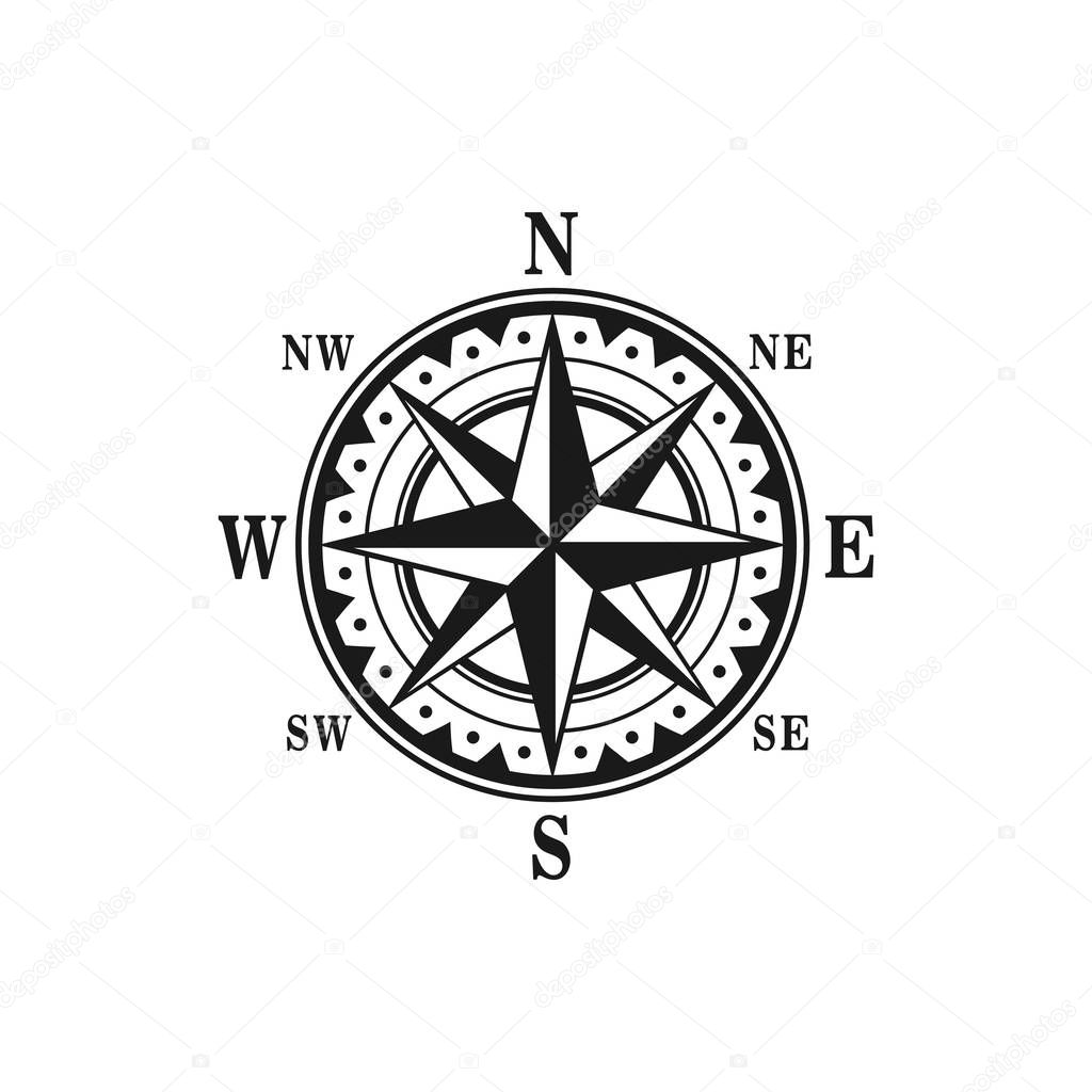 Navigation marine compass or Wind Rose vector icon. Isolated symbols of nautical retro navigator compass with winds names of East, West, North and South arrows for ship travel design