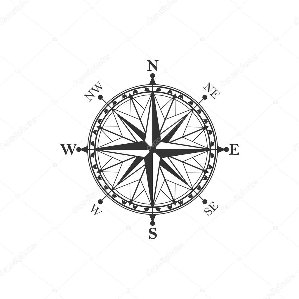 Compass symbol and sign, isolated vector marine navigation element. Rose of wind heraldic monochrome signs with world sides, north and south, west and east. Geography and cartography, map