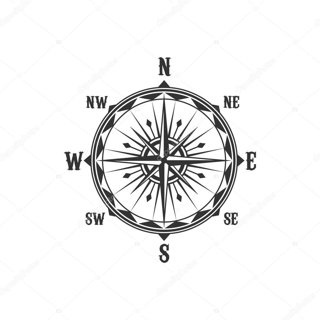 Compass symbol and sign, isolated vector marine navigation element. Rose of wind heraldic monochrome signs with world sides, north and south, west and east. Geography and cartography, map