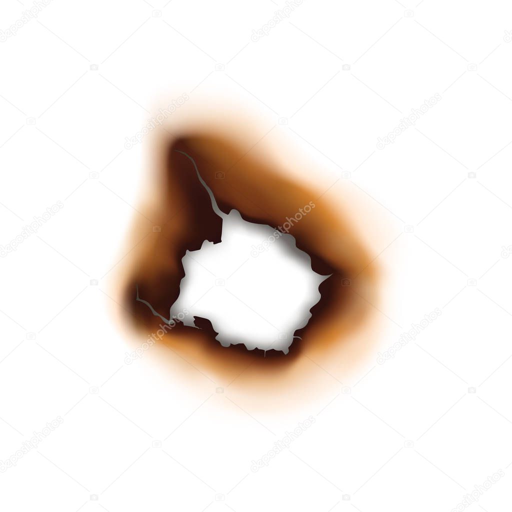 Burnt hole in paper sheet isolated damaged surface