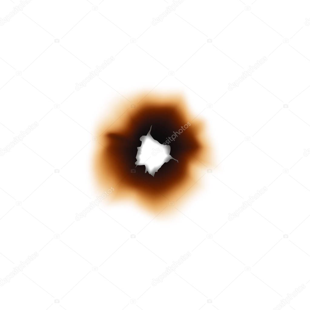 Paper sheet damaged by fire isolated burnt hole