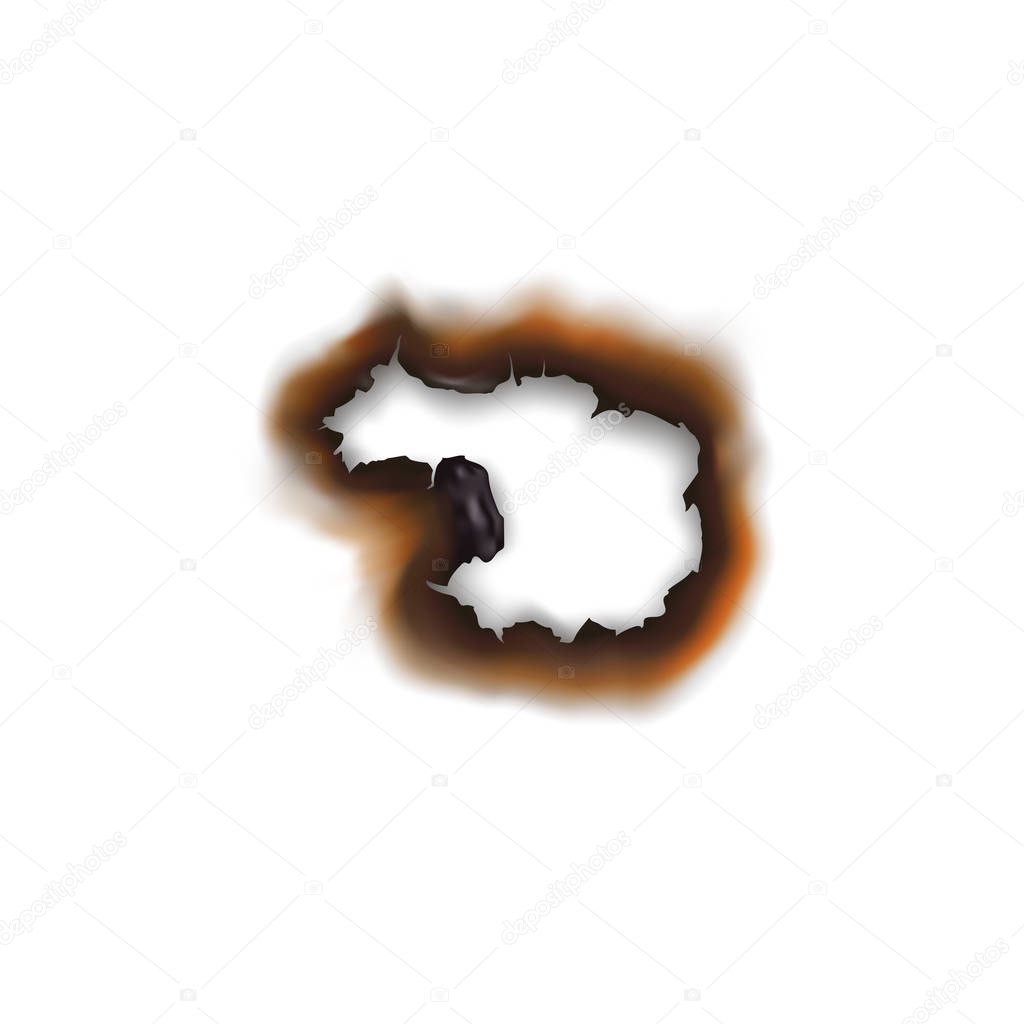 Burnt hole in paper sheet isolated damaged surface