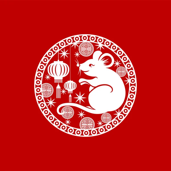 Ratto di simbolo di anno nuovo cinese e fiori su moneta — Vettoriale Stock