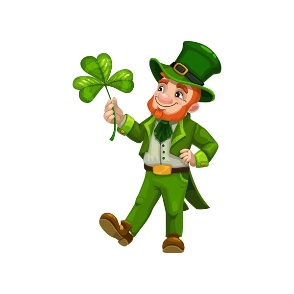 Leprechaun com folha de trevo, homem de traje verde —  Vetores de Stock