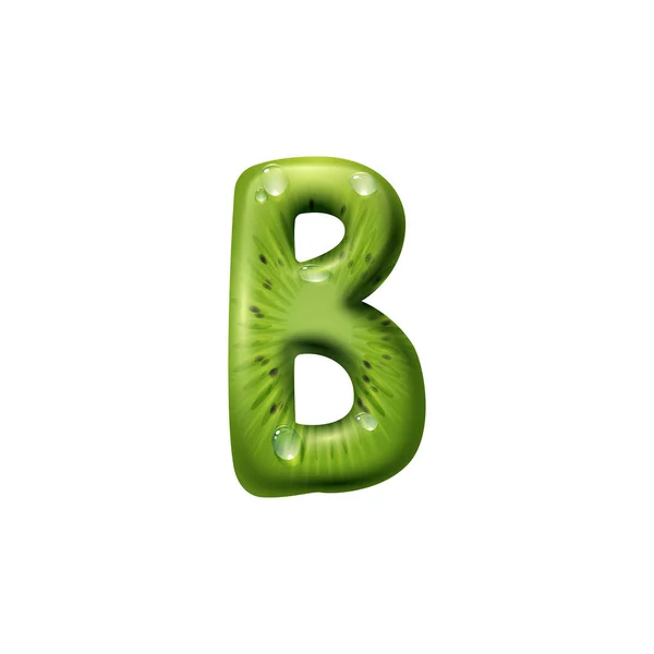 Lettre B de kiwi avec graines, ABC et gouttes d'eau — Image vectorielle