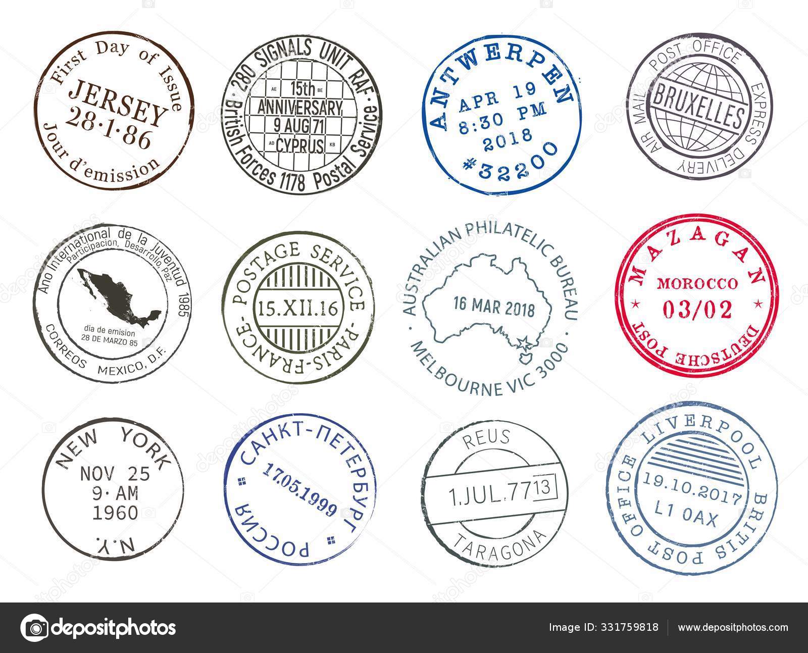 Postage service, mail post delivery ink stamps Stock Vector Image by