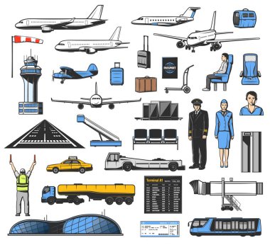 Airplane, aviation, airport, pilot, luggage icons
