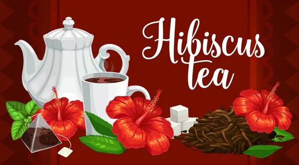 Té de hierbas, flor de hibisco, bolsas de té y tetera — Archivo Imágenes Vectoriales