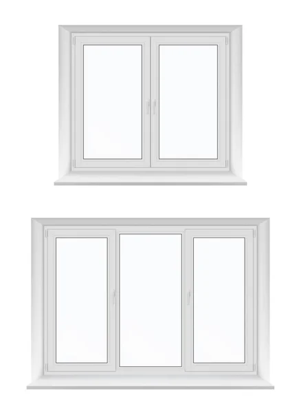 Ventanas de plástico con marcos blancos, vidrio y sills — Vector de stock