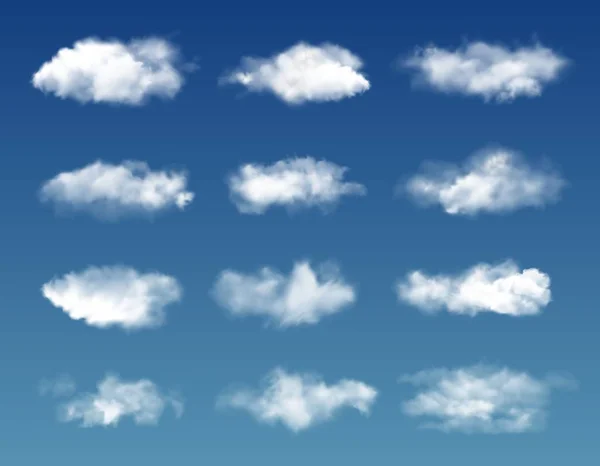 Nubes blancas esponjosas, niebla transparente en el cielo azul — Vector de stock