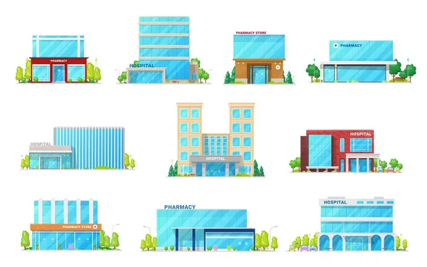 Icônes de bâtiment d'hôpital médical et de pharmacie — Image vectorielle