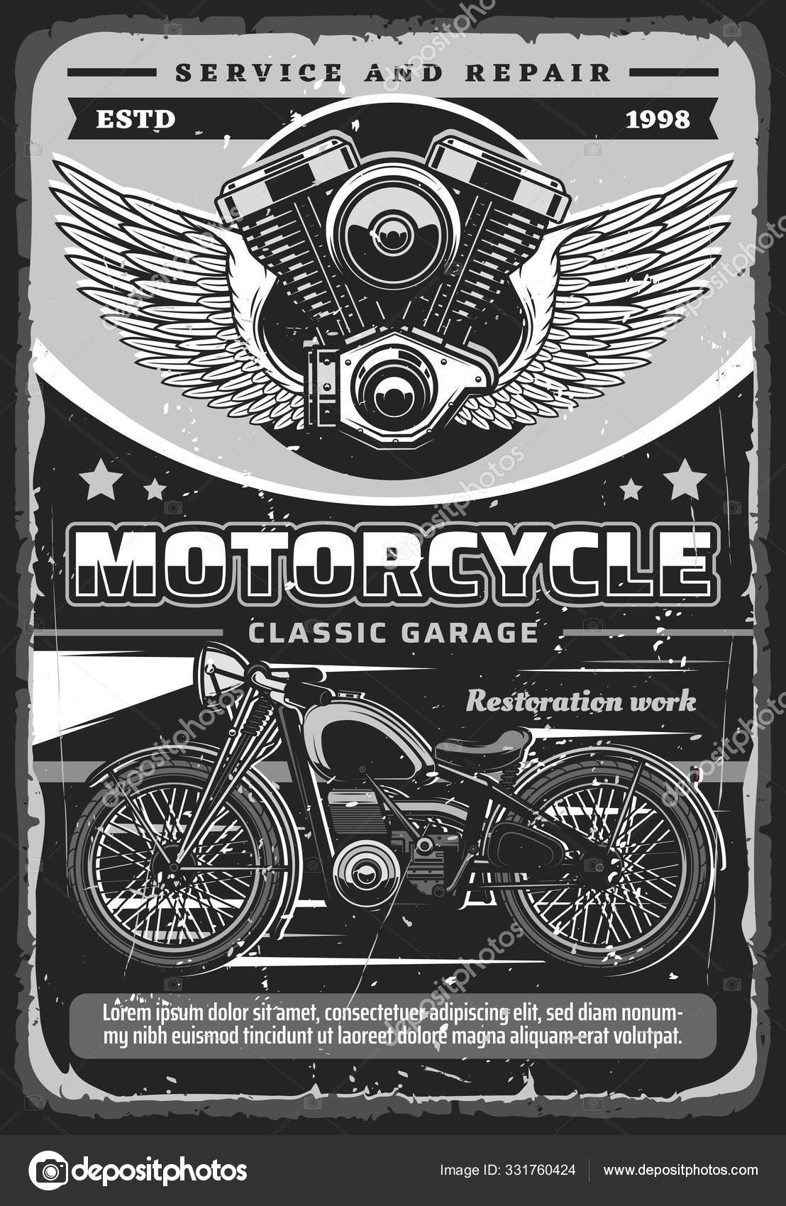 Motorcycle and motorbike engine, vector poster Stock Vector by